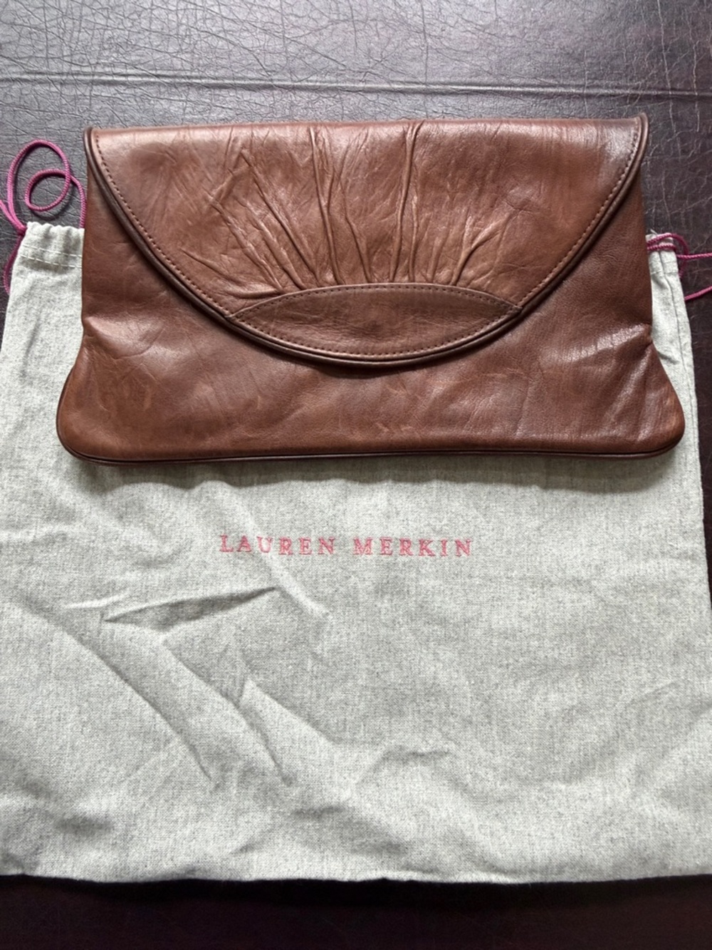 Lauren Merkin Saddle Brown Leather Envelope Clutch